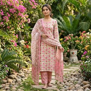 3-Piece Hand Block Print Straight Kurta Pant Suit Set with Dupatta